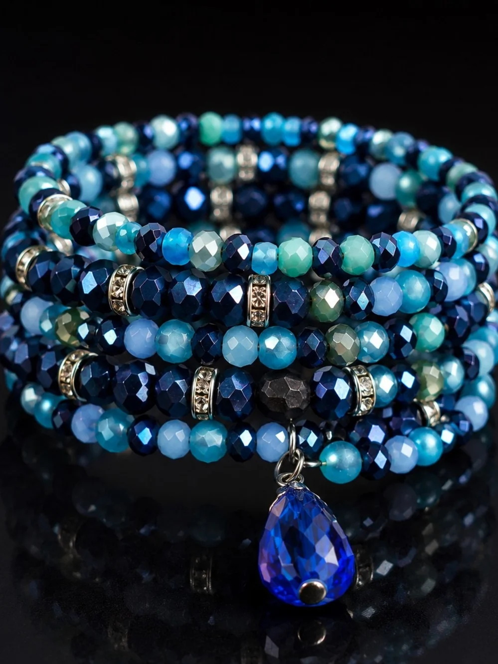 Beaded Wrap Bracelet with Blue Teardrop Charm Hand Crafted